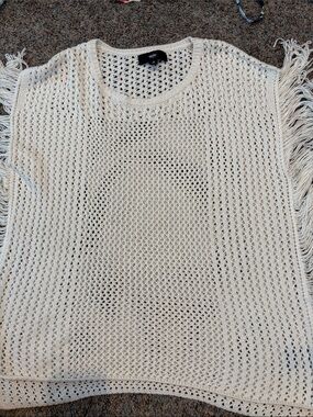 Massimo Cream Open-Knit Fringe Crewneck Sweater